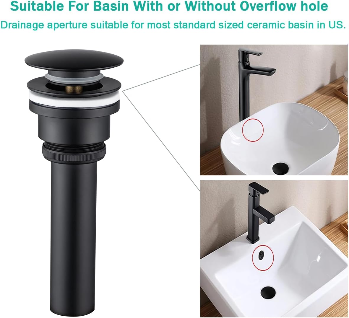 Dual Use Pop Up Drain Stopper, Bathroom Vanity Vessel Sink Stopper, Matte Black, for Basin with or Without Overflow Hole
