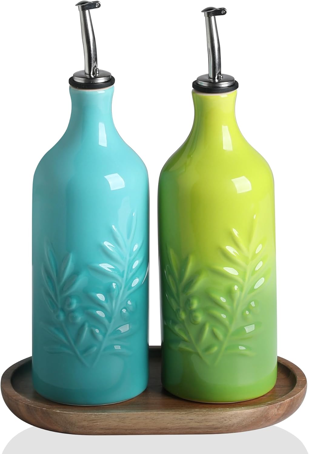 Sweejar Ceramic Olive Oil Dispenser Bottle, 20 Oz Relief Opaque Oil Cruet Protects To Reduce Oxidation, Suitable for Storage, Vinegar, Soy Sauce,Liquids,Set of 2 (Gradient Blue Gradient Green)