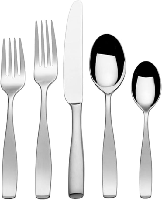 Mikasa Satin Loft 65-Piece Flatware Set for 12, 18/10 Stainless Steel Silverware with Forks, Knives, Spoons, and Serving Utensils, Durable and Elegant Design