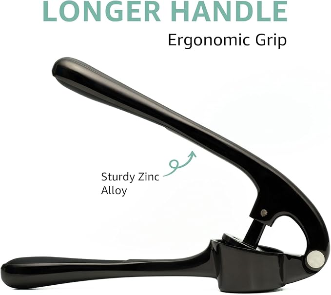 GD Black Garlic Press Crusher Mincer Tool - Stainless Steel Garlic Press, Dishwasher Safe & Rust Proof, Easy-Squeeze Garlic Crusher with Ergonomic Handle - Includes Silicone Peeler & Brush (Black)
