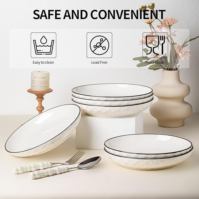 Yeacccng Pasta Bowls Set of 6, White Cereal Bowls Set of 6, 24oz Ceramic Salad Bowls, Lead-Free, 8 Inch White Serving Bowl for Pasta, Salad, Oatmeal, Fruit, Chicken, Dishwasher & Microwave Safe