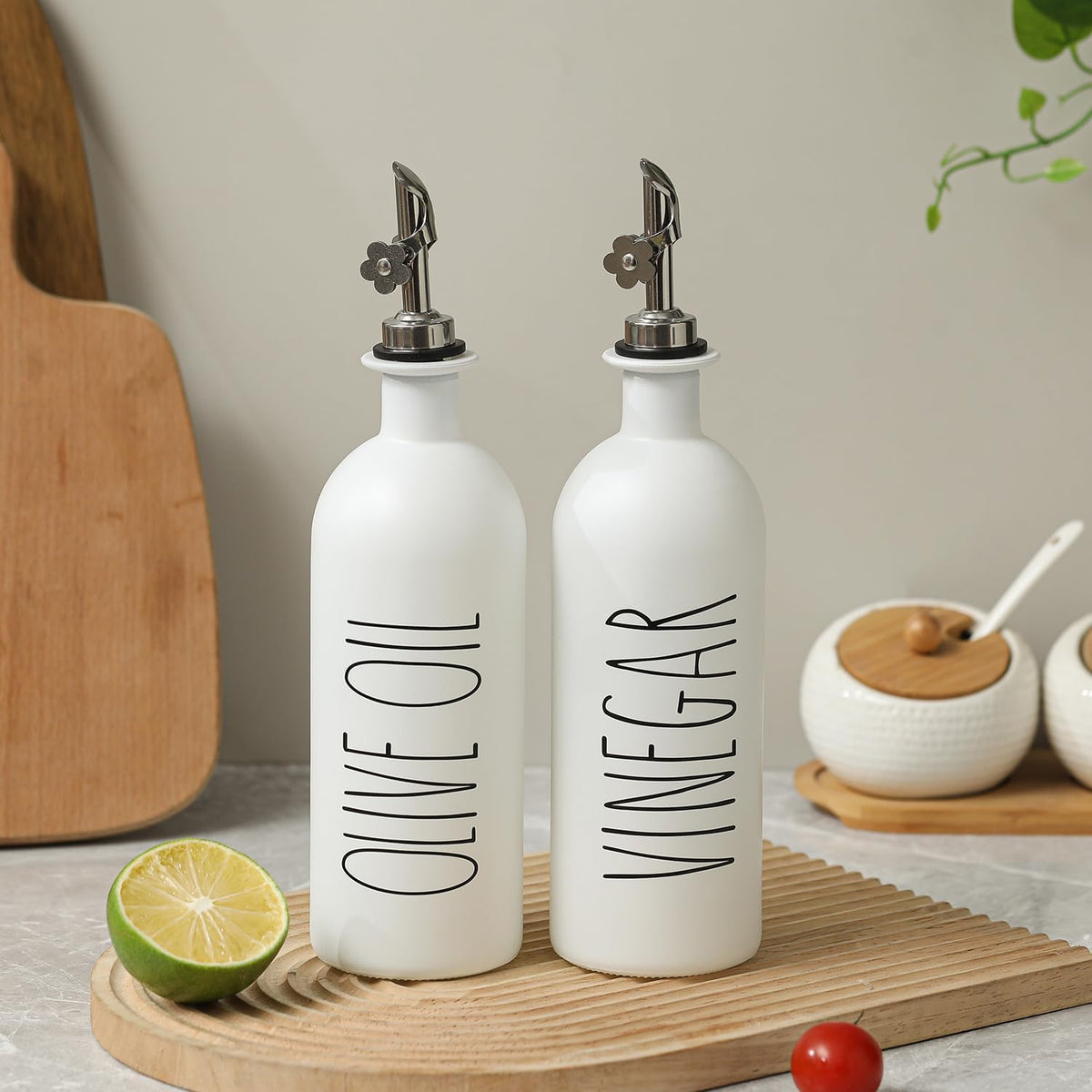 HOMCDALY 16oz Olive Oil Dispenser Bottles for Kitchen, White Oil and Vinegar Dispenser Set, Two Olive Oil Bottles with Bamboo Tray | Set of 2 (16oz-P-White)