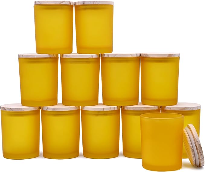 Thick Candle Jars for Making Candles 12 Pcs, 7 OZ Empty Jars with Wood Lids for Candle Making, Sample Container, Frosted Yellow