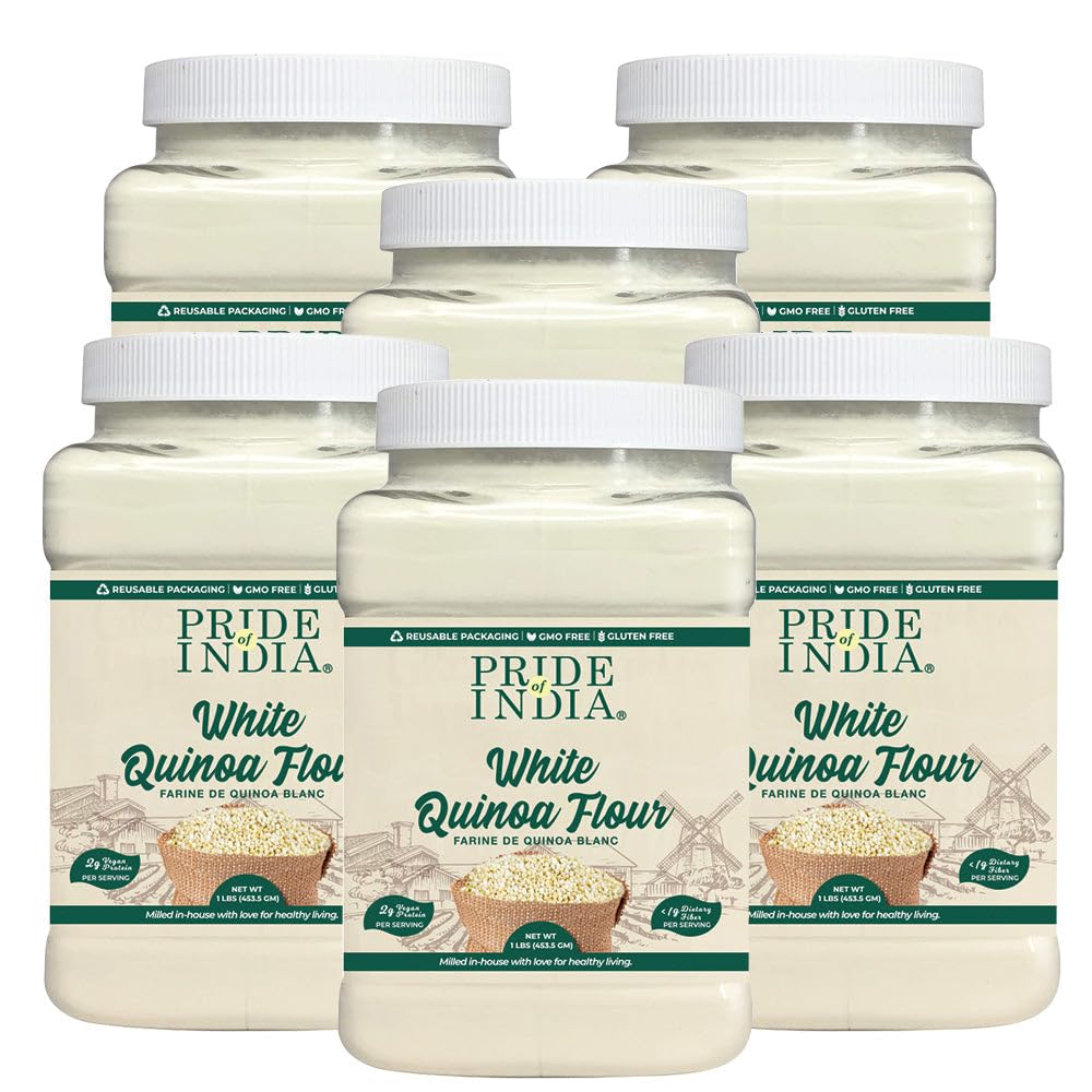 Pride of India - PACK of 6 - White Bolivian Quinoa Flour 1 lbs (454 gm) Nutty Earthy Taste Freshly Milled in Small Batches | Used for Baking Pizza Crust Thickening Agent Coating Cakes Pasta Porridge