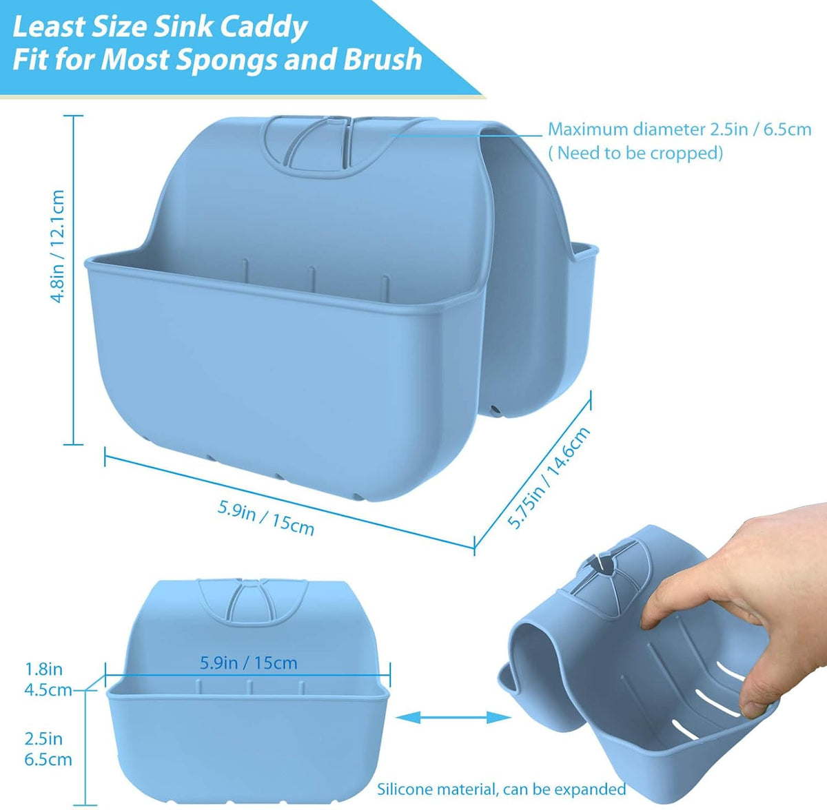 Sponge Holder for Kitchen Sink, Silicone Sink Saddle Caddy Organizer Rack, Sponges Holder Over Faucet, Hanging Kitchen Organizer Accessories Rack Basket Light Blue