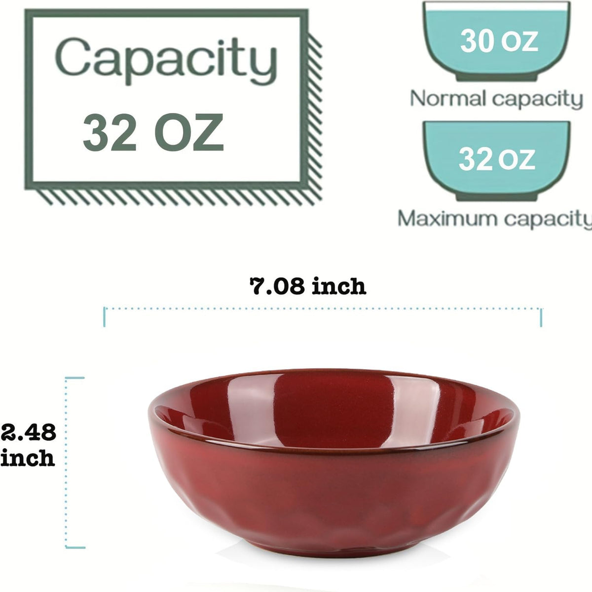 vicrays Ceramic Salad Bowls Set for Kitchen, Serving - 32 Ounce Soup Bowls, Pasta Bowls, Chip Resistant, Dishwasher Microwave Safe, Large, Fluted, Stoneware, Set of 6 (Cherry Red)