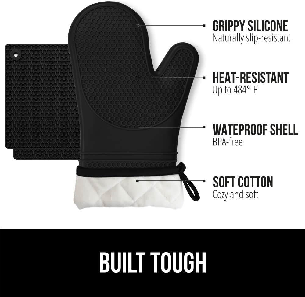 GORILLA GRIP BPA-Free Soft Silicone Oven Mitts and Pot Holders Sets of 4, Heat Resistant Waterproof Cooking Gloves, Thick Cotton Lining, Flexible Gripping for Baking Grilling, Kitchen Trivets, Black