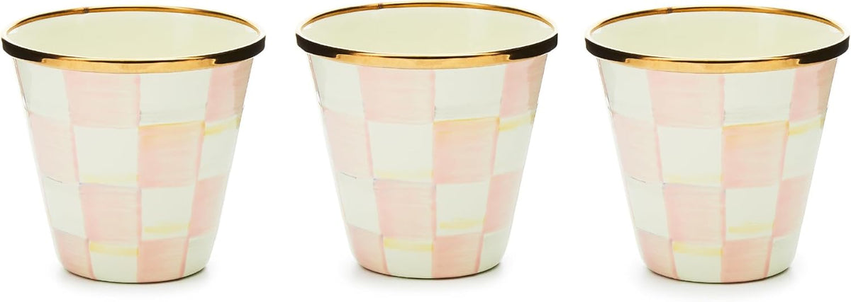 MACKENZIE-CHILDS Enamel Herb Pots, Small Plant Pots for Herbs or Flowers, Set of 3, Pink-and-White Rosy Check