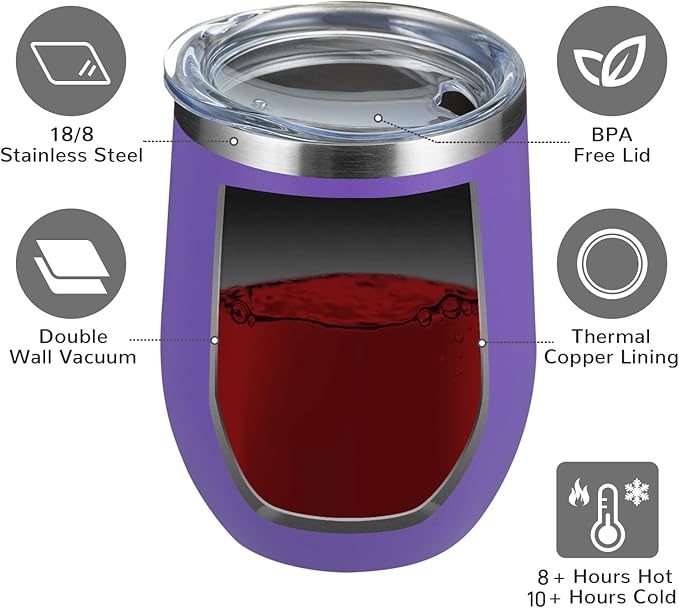 MEWAY 12oz/8 Pack Wine Tumbler Glasses with Lid - Stemless Double Wall Vacuum Stainless Steel Travel Tumbler - Keeping Cold & Hot for Wine,Coffee,Cocktails,Gifts (Purple,Set of 8)