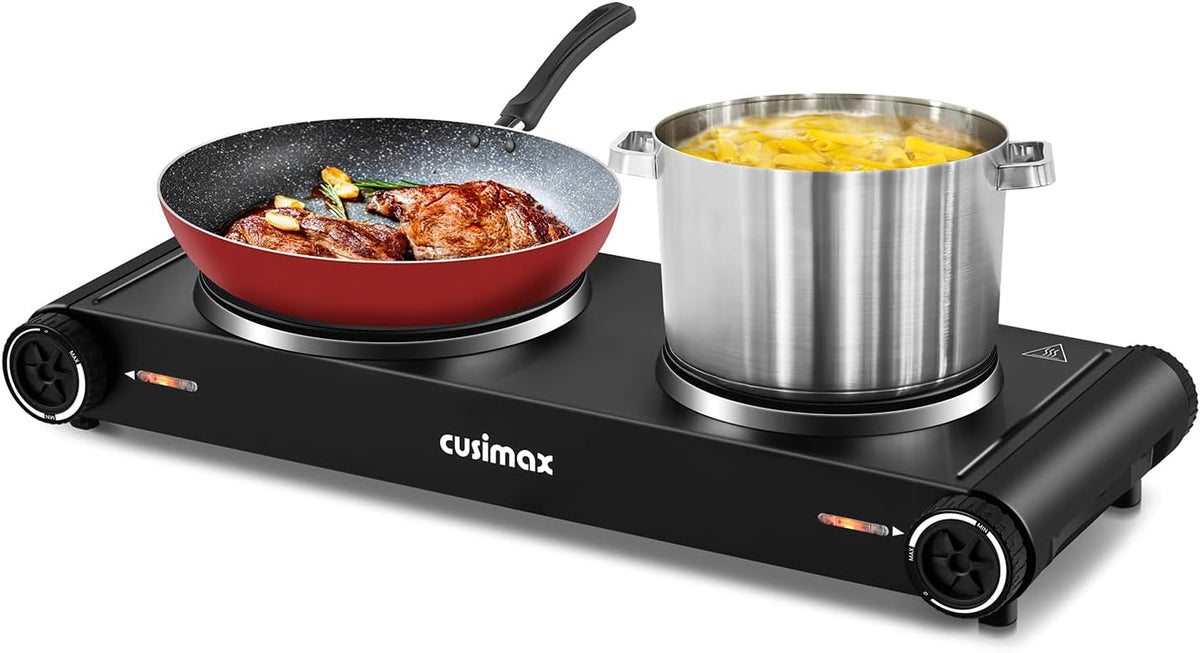 CUSIMAX Electric Hot Plate,Portable Double Hot Plate For Cooking,1800w Electric Stove Temperature Controls,Cast Iron Cooktop,Suitable For All Cookware,Easy To Use Handle,Black Stainless Steel
