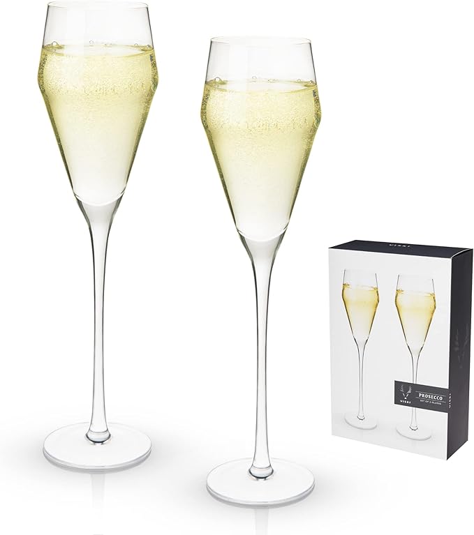 Viski Angled Prosecco Sparkling Wine Glasses, Crystal Clear Long Stemmed Champagne Glasses Gift Set, Sleek Glassware for Wedding Gifts, Housewarming, Dinner Party, Home Bar, 8 oz, Set of 2