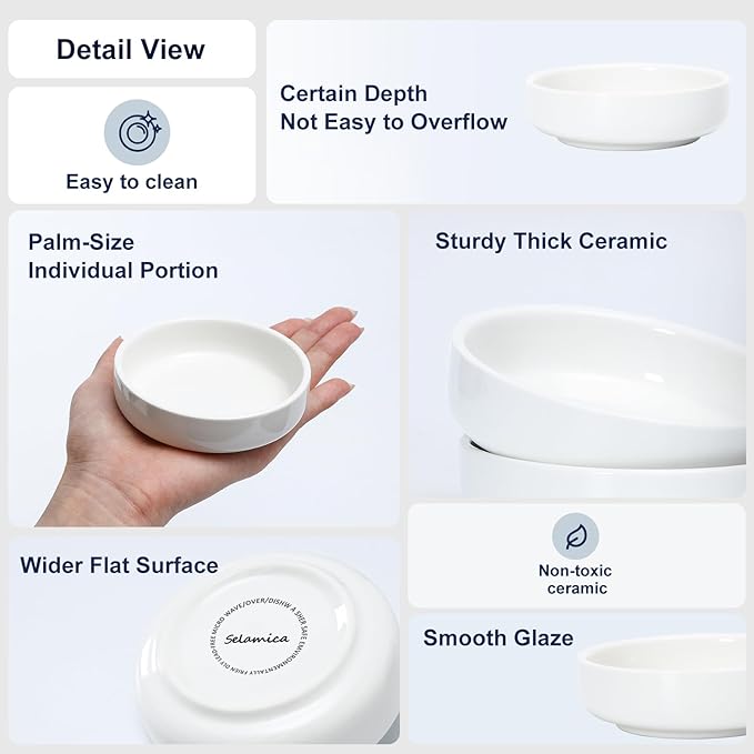Selamica Soy Sauce Dish, 2.5 oz Ceramic Dipping Bowls Set of 6, 3.3 Inch Pinch Bowls, Mini Bowls for Side Dish, Condiment, Ketchup, Sushi, BBQ, White