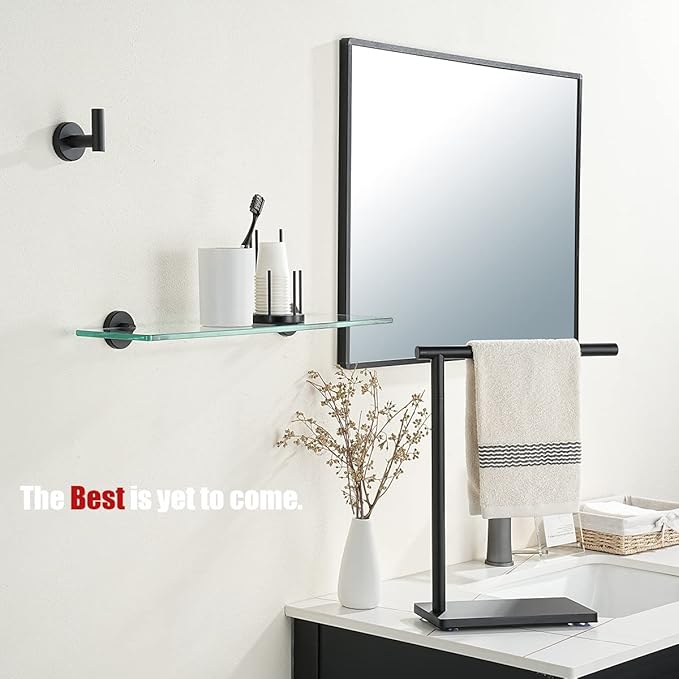 JQK Bathroom Glass Shelf Black, Tempered Glass Shower Storage 24 by 5 inches, 304 Stainless Steel Matte Black Wall Mount, TGS101L24-PB