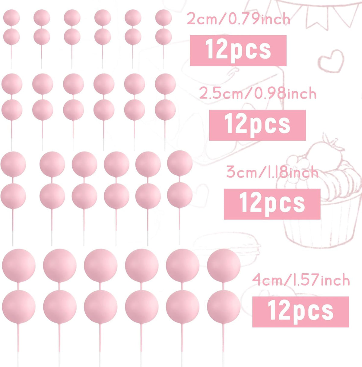 48 Pcs Balls Cake Topper Decorations Balloon Cupcake Toppers Foam Cake Topper Balls Cake Balls Decorations for Birthday Party Wedding Anniversary Cake Decorating (Pink)