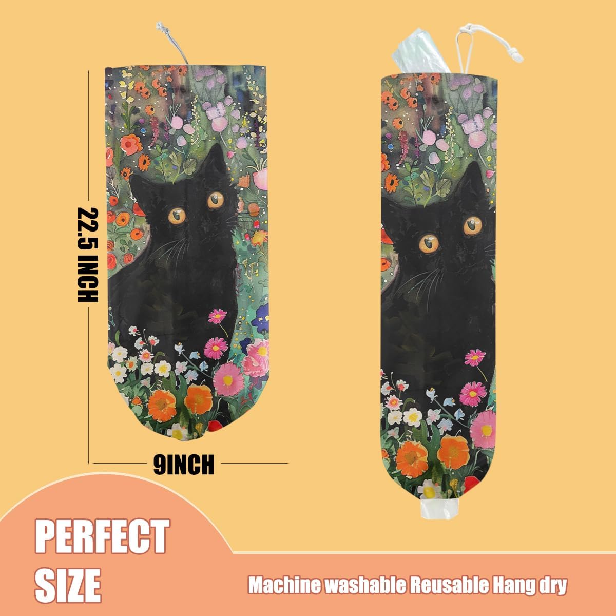 Flower Cat Plastic Bag Holder, Wall Mount Grocery Bag Holder, Plastic Storage bag, Pull Rope Free Adjustment, Plastic Bag Holders for Grocery Bags, Plastic Bag Dispenser for Home Kitchen Pantry
