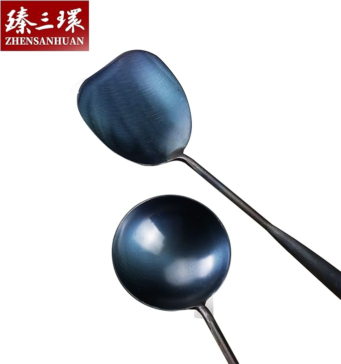 ZhenSanHuan Chinese Traditional HandMade Iron Spatula & Ladle Wok Tool Set,Long wok utensils (Ladle and Spatula Set, 32CM/12.6'')