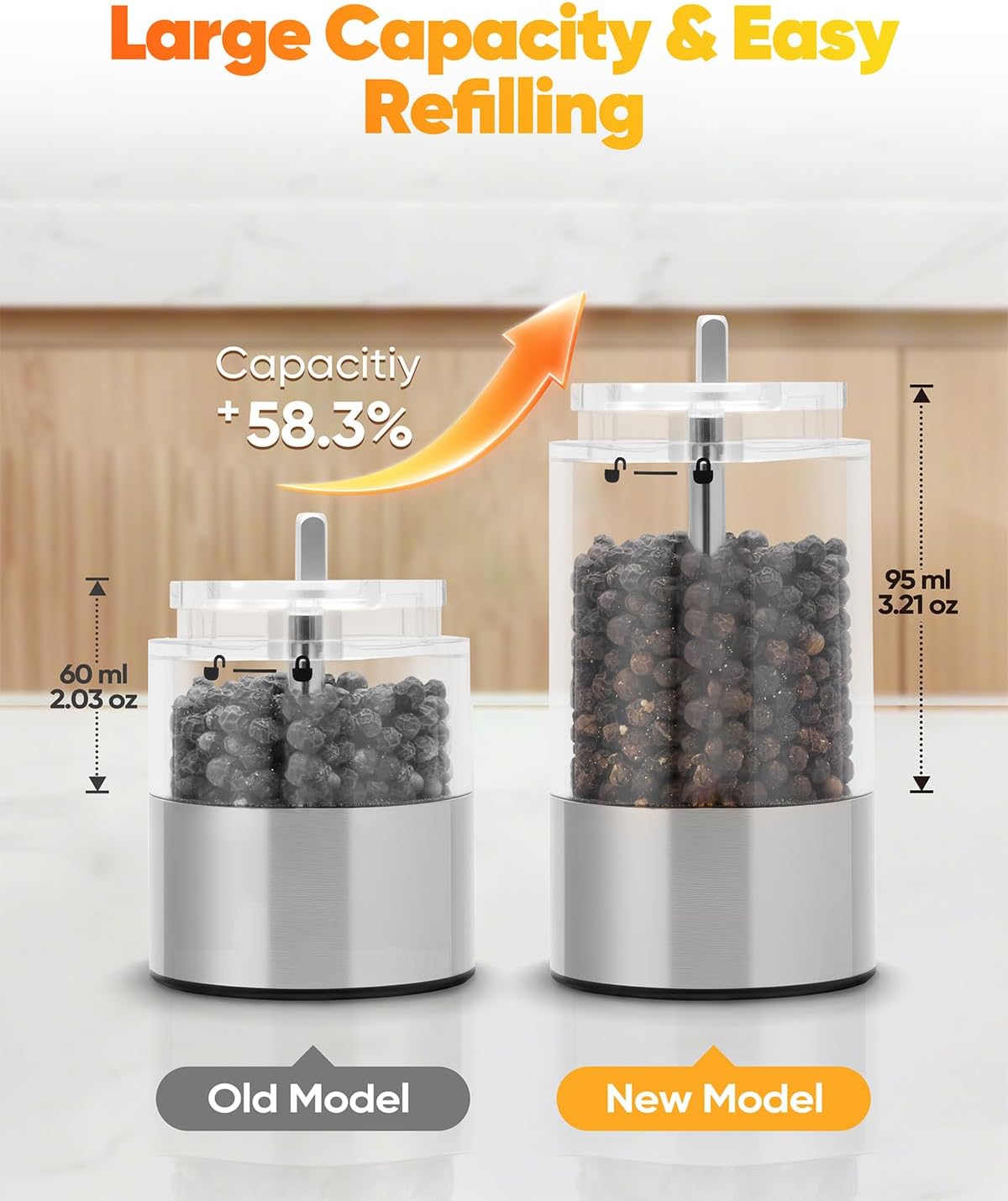 Electric Salt and Pepper Grinder Set Rechargeable, Automatic Salt and Pepper Grinder Set for Kitchen, USB Charging Base & LED Light, Adjustable Coarseness, Stainless Steel