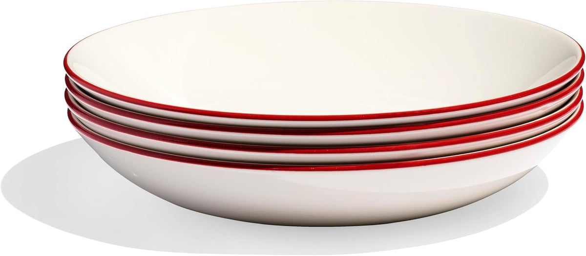Made In Cookware - Set of 4 - Entrée Bowls - White With Red Rim - Porcelain - Crafted in England