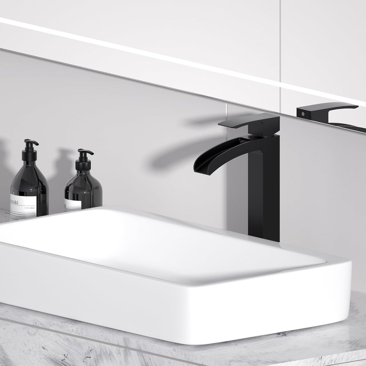 Bathroom Faucet Tall Vessel Faucet Matte Black Waterfall Deck Mount Single Handle Lavatory with Water Supply Line Lavatory Vanity
