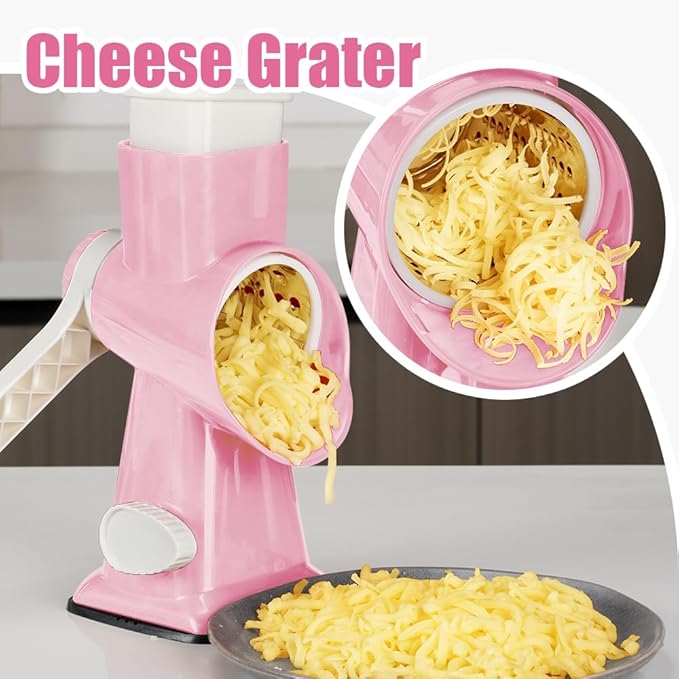 KEOUKE Rotary Cheese Grater Hand Crank Pink - Shredder Slicer Grinder 3 Stainless Steel Blades, Stable Suction, Labor-Saving Handle, Safe Kitchen Tool for Cheese, Vegetable, Nuts, Chocolate