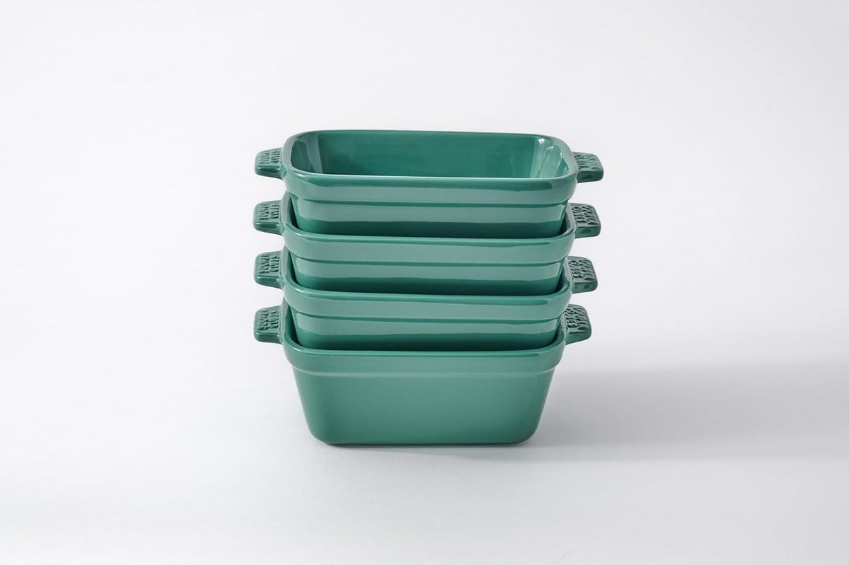 Souper Cubes Stoneware - Small Ceramic 5" x 3" Baking Dish with Silicone Covers, Small Baking Dishes for Oven Perfect for Reheating Single Serve Portions, Set of 4 - Kale