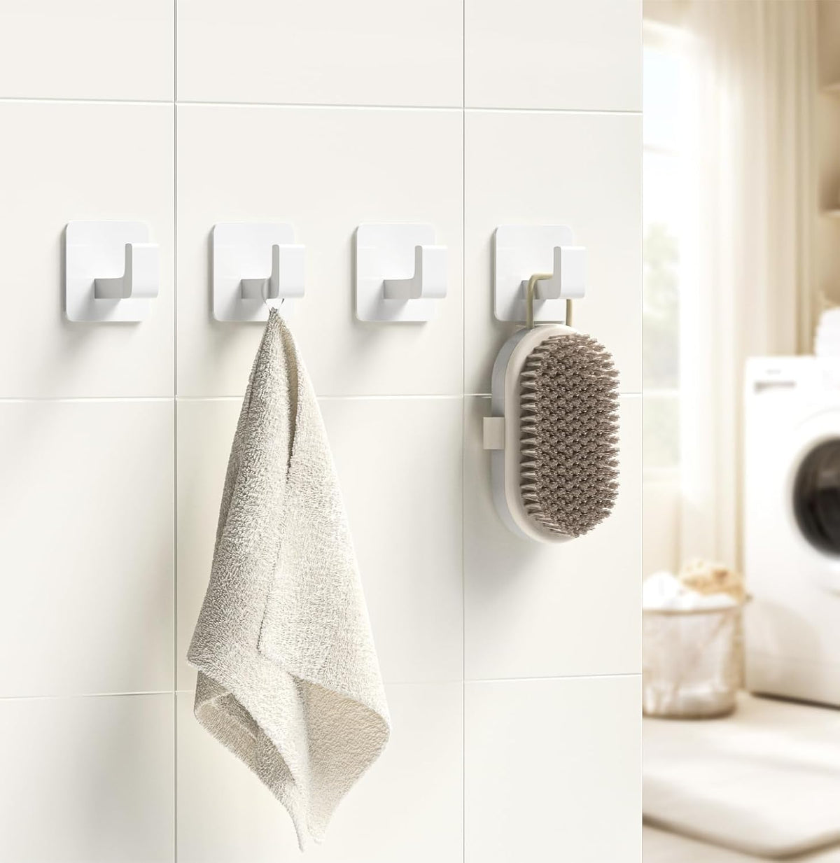 Square Self Adhesive Towel Hooks - 2 Pack Matte White Metal Hooks, Right-Angle Design for Towels, Robes & Hats, Organize Bathroom, Kitchen, Entryway, Doors, Cabinets on Smooth Surfaces