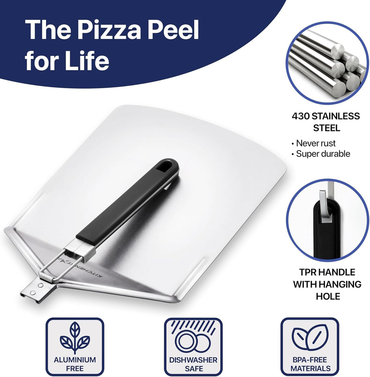 KitchenStar Stainless Steel Pizza Peel 14 inch with 10 inch Folding Handle, Large - Spatula Paddle for Effortless Pizza Transfer & Easy Storrage - Outdoor Pizza Oven Accessories