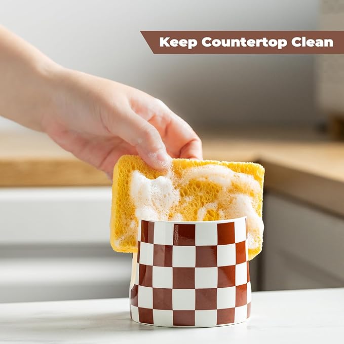 Checkered Sponge Holder for Kitchen Sink, Ceramic Dish Sponge Drying Caddy Scrubby Holder Kitchen Organizer Cute Dish Rack for Sink Counter, Brown and White