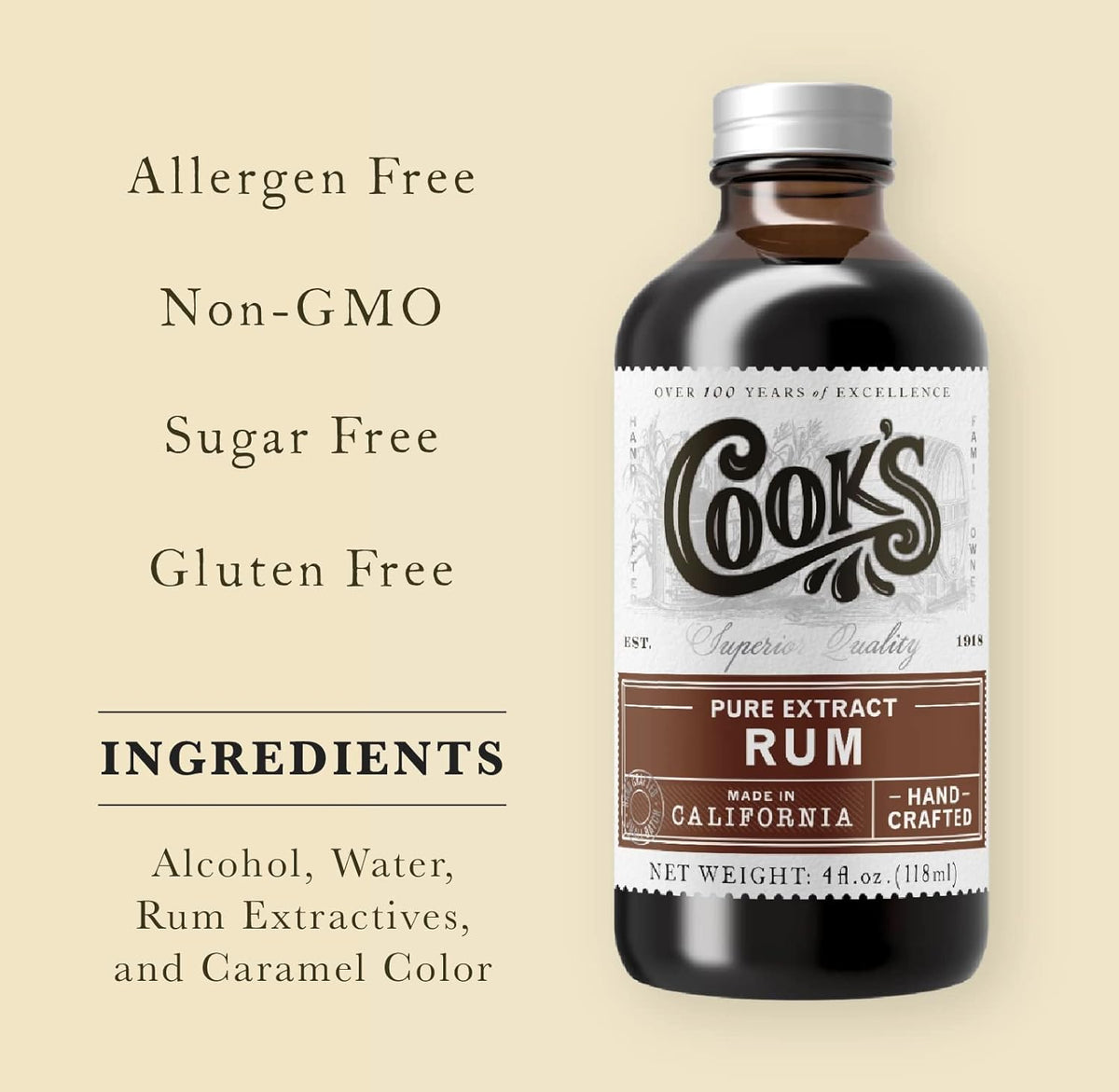 Cook's, Pure Rum Extract, For Baking, Ice Cream, Candies, Cakes, 8 oz