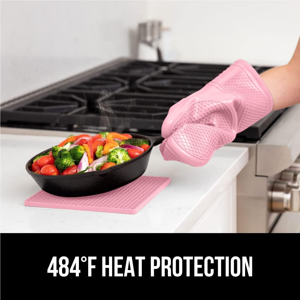 GORILLA GRIP BPA-Free Soft Silicone Oven Mitts and Pot Holders Sets of 4, Heat Resistant Waterproof Cooking Gloves, Thick Cotton Lining, Flexible Gripping for Baking Grilling, Kitchen Trivets, Pink