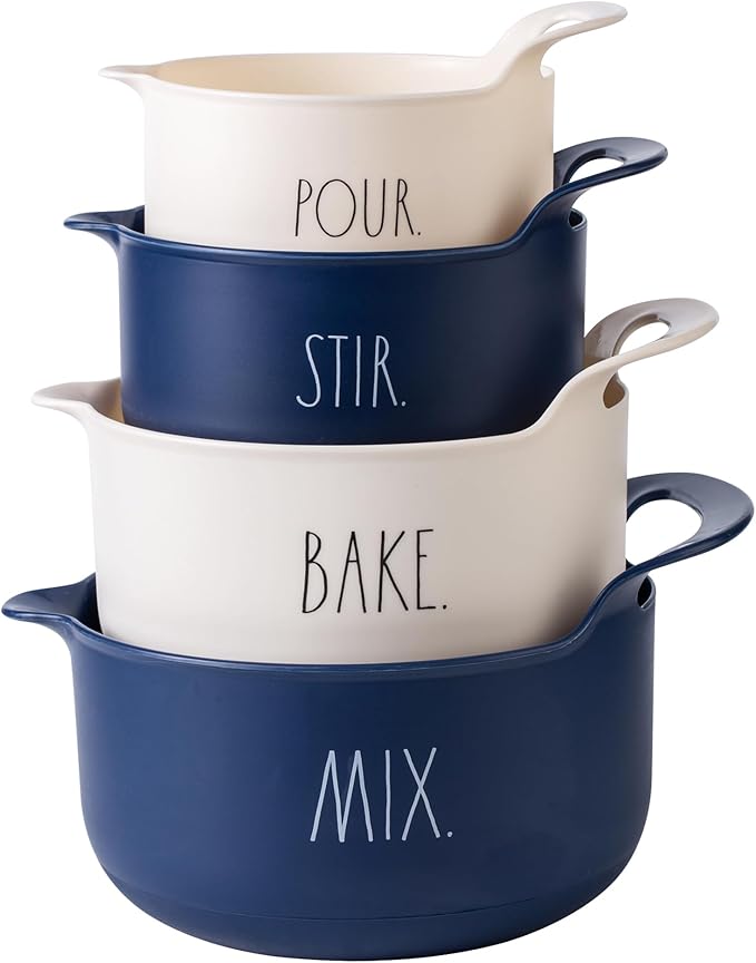 Rae Dunn Non-Slip Mixing Bowls - 4 Piece Nesting Plastic Mixing Bowl Set with Pour Spouts and Handles-Measurement Markings (Cream)
