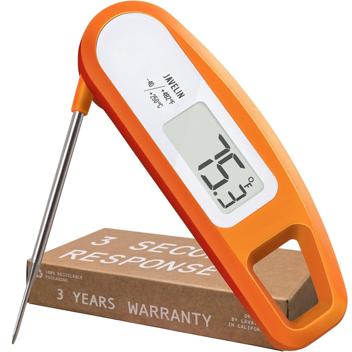 Lavatools Javelin® Ultra-Fast 3-Second Digital Instant Read Meat Thermometer for Grill and Cooking, 2.75" Probe, Compact Foldable Design, Large Display, IP65 Water Resistant, NSF Certified – Tangerine