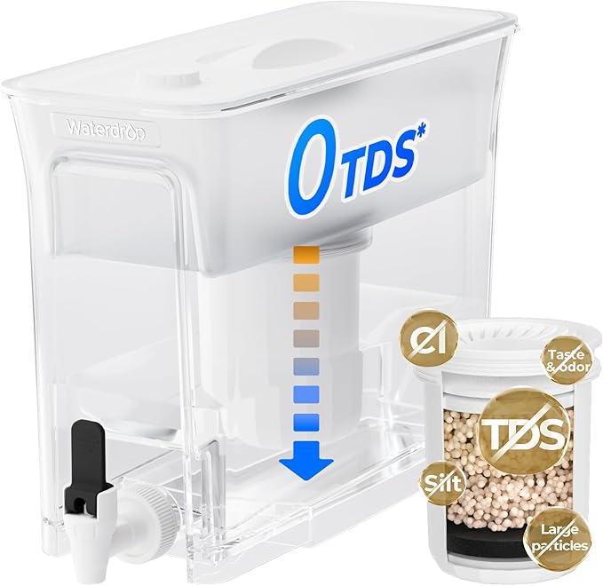 Waterdrop 0 TDS 35-Cup Slim Water Filter Dispenser, Large Capacity, Reduces TDS, Chlorine, PFOA/PFOS and More, BPA Free, White (with 1 Filter)