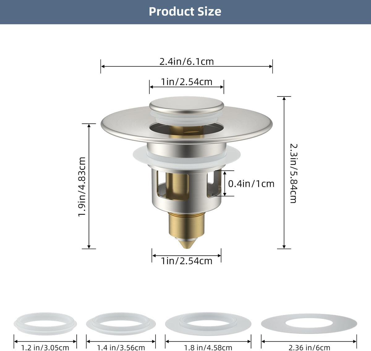 Hibbent All Metal Universal Bathroom Sink Stopper for 1.1''~2.3'' Basin, Pop Up Sink Drain Strainer, Brass Bullet Core Push Type Stopper, Stainless Steel Anti Clogging Drain Filter, Brushed Nickel