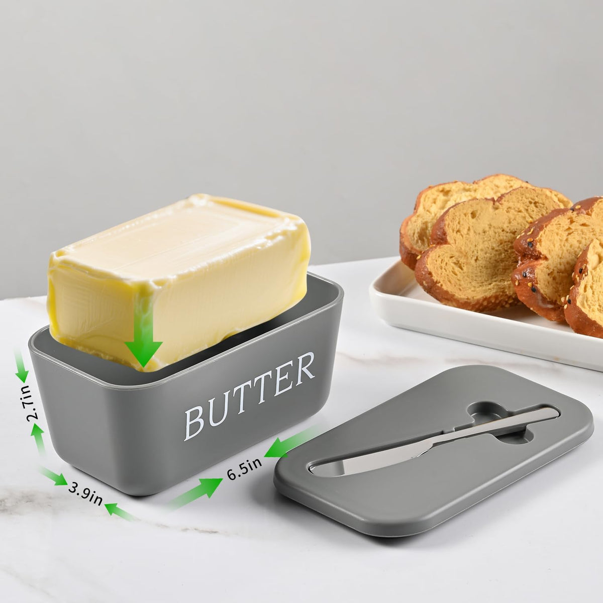 Plastic Large Butter Dish With Lid,Food Grade PP Butter Keeper With Cover,Grey Butter Container For Kitchen Refrigerator Countertop