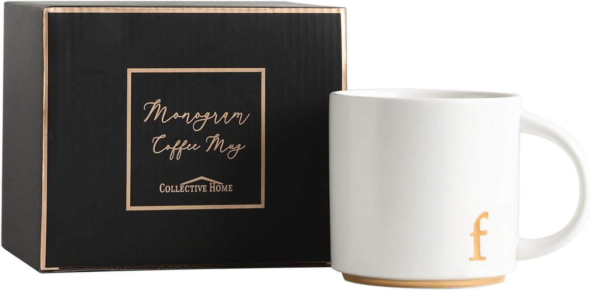 COLLECTIVE HOME - Monogram Ceramic Mugs, 15 oz Golden Initial Coffee Cups, Elegant Alphabet Tea Mugs, Elegant Personalized Mug with Gift Box, Luxurious Cups for Office and Home (f)