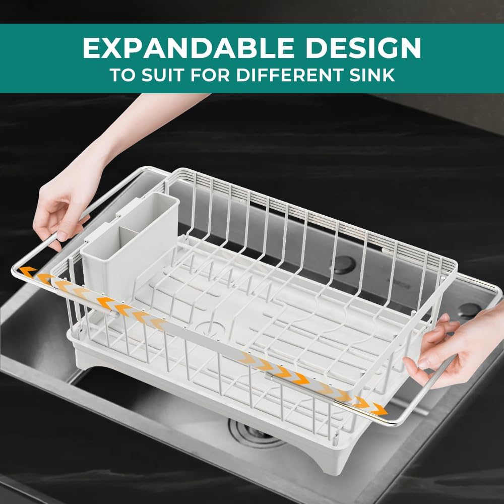 Small Dish Drying Rack in Sink, Expandable Stainless Steel Dish Drainers for Kitchen Counter, with Drain Board & Utensil Holder(White)