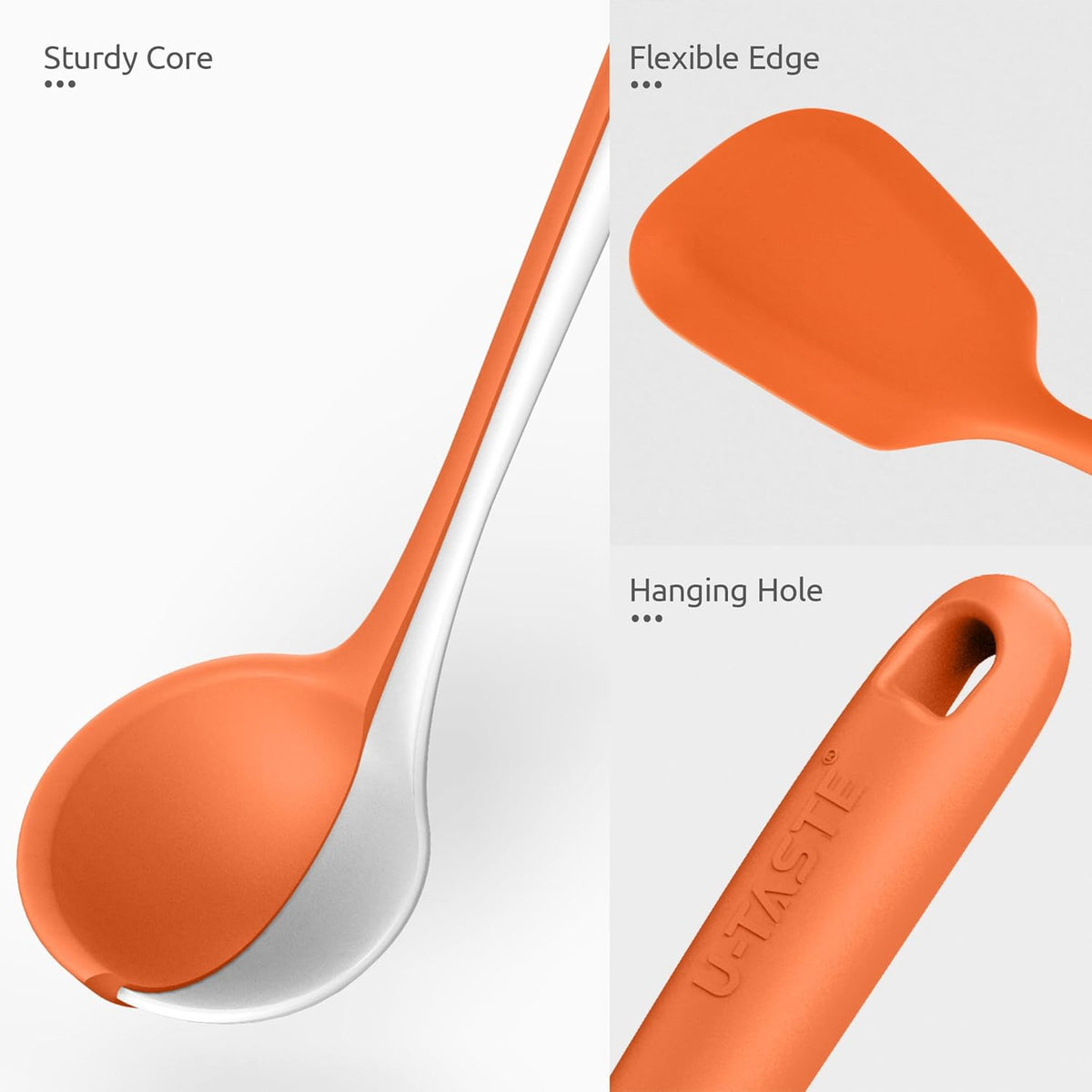 Silicone Kitchen Cooking Utensil Set: U-Taste 600ºF Heat Resistant 13.6in Extra Long Kitchen Tools, Food-Grade Non-Stick Spatula Turner Spoon Ladle for Stir Frying, Serving, Mixing (5 Pieces, Orange)