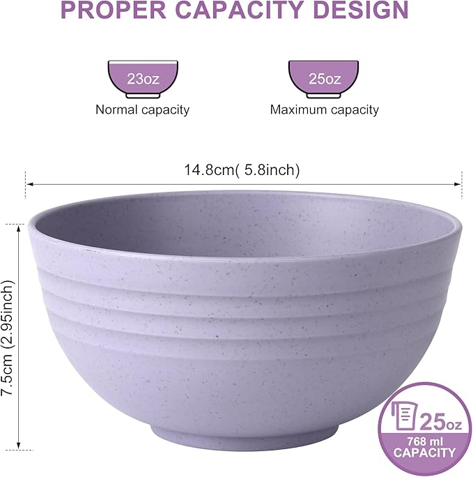 HOTEC BPA Free Unbreakable Wheat Straw Cereal Bowls - Microwave & Dishwasher Safe Soup and Salad Bowls, Set of 8, 26oz, Purple