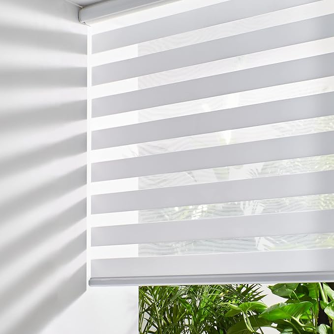 Persilux Cordless Zebra Blinds for Windows Free-Stop Window Blinds (35" W X 47" H, White) Dual Layer Light Control for Day and Night, Light Filtering Sheer Shades for Home, Bedroom, Easy to Install