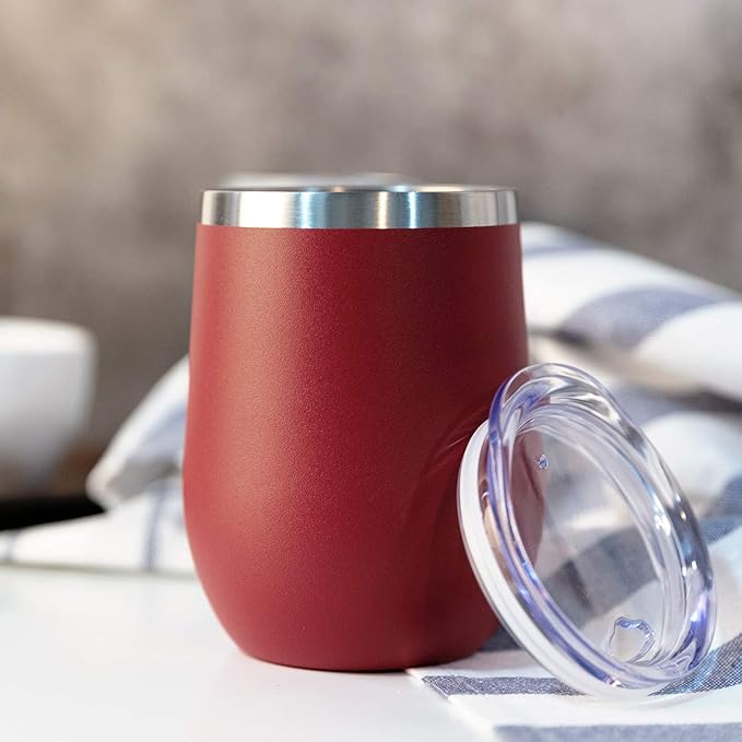 MEWAY 12oz/4 Pack Wine Tumbler Glasses with Lid - Stemless Double Wall Vacuum Stainless Steel Travel Tumbler - Keeping Cold & Hot for Wine,Coffee,Cocktails,Drinks-Family and Gifts (Red,Set of 4)