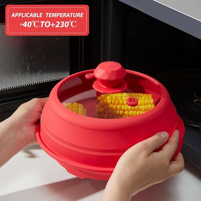 Microwave Splatter Silicone Cover Collapsible, Vented Multifunction Splash Lid with Glass Dish Bowl Plate for Food Cooking Bacon Maker, Dishwasher Safe BPA-Free 9 inch Cookware Set Red