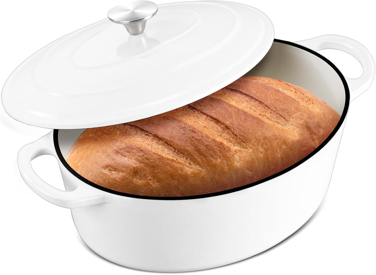 7 Quart Oval Dutch Oven with Lid, Leonyo 7QT Enameled Oval Cast Iron Dutch Oven for Sourdough Bread Breaking, Heavy Duty Cookware for Braising, Stews, Roasting, White