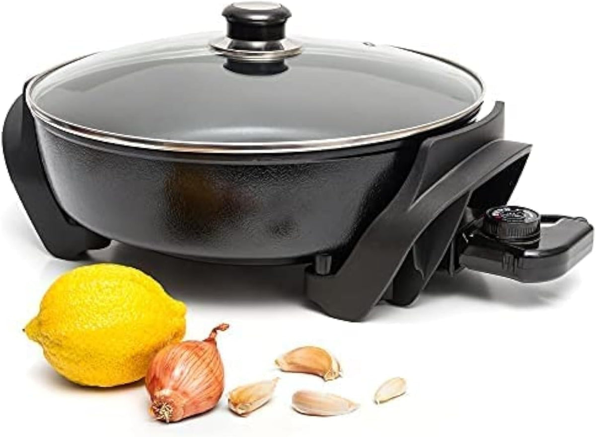 Moss & Stone Round Nonstick Electric Skillet With Lid, Aluminum 12x12 Inch Electric Frying Pan 5Qt, Nonstick Cooking Surface, Adjustable Temperature Control, Vented Glass Lid, Heat-Resistant Handle