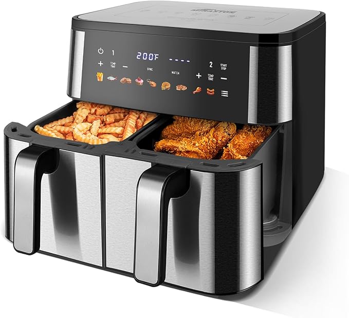 Upgraded Large 10QT Dual Air Fryer, Digital Touchscreen, Smart Sync Cook & Finish Function to Air Frying, Reheat, Bake, Double Baskets for Fresh Meals, Snack for Family and Children
