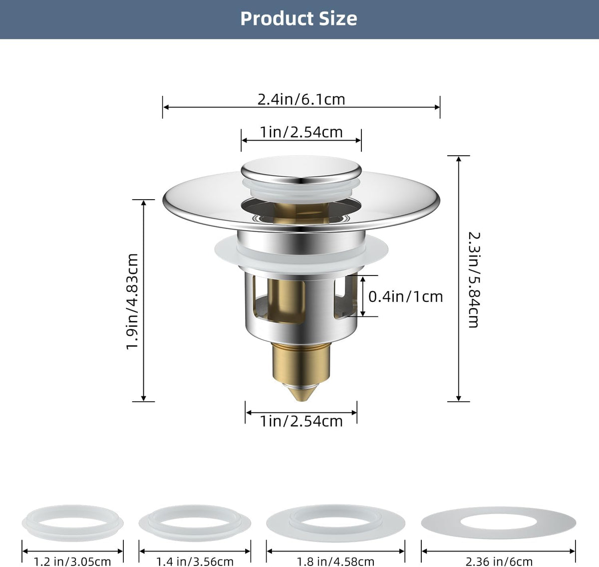 Hibbent All Metal Universal Bathroom Sink Stopper for 1.1''~2.3'' Basin, Pop Up Sink Drain Strainer, Brass Bullet Core Push Type Stopper, Stainless Steel Anti Clogging Drain Filter, Chrome