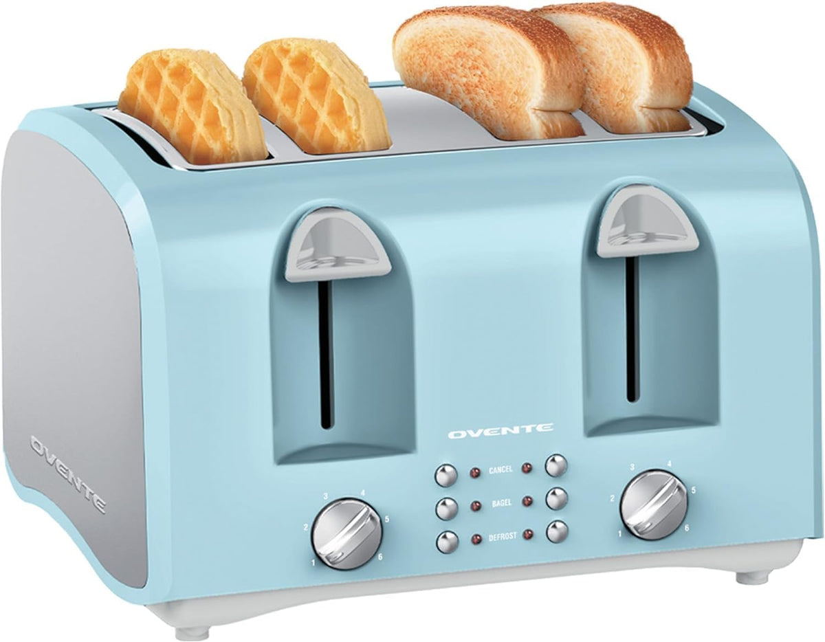 OVENTE Electric 4-Slice Toaster Machine with 6-Shade Selector Setting, Cancel Button, Defrost Function, Crumb Tray, 1400W Power and Wide Slots for Bagels, Waffles and Puff Pastry, Light Blue TS4410LBL