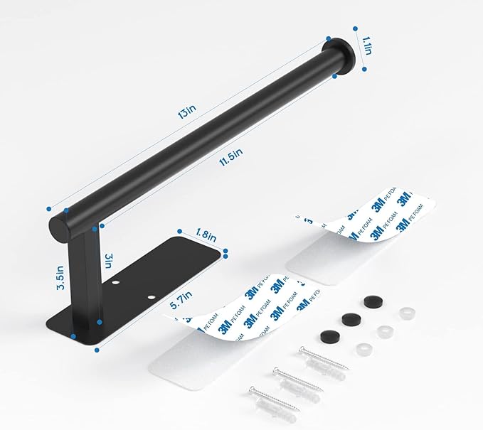 ASTOFLI Paper Towel Holder Under Cabinet No Drilling, Self Adhesive Paper Towel Holder Wall Mount for Kitchen Rack, Under Counter Napin Holder No Drill, RV, 304 Stainless Steel, Matte Black