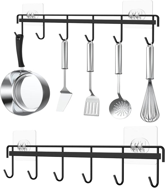 Myfolrena Adhesive Kitchen Hooks Utensil Hanger Holder Hanging Rack 2 Pack, Hanging Rack Wall Mounted Kitchen Rail for Spoons Pot Coffee Mug Cups Tags(Black)