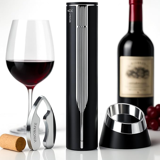 VINOWAKE Openero Electric Wine Opener By LINKSTYLE — Rechargeable Battery with Charging Base, Precision Steel Foil Cutter, Luxurious Matte Finish